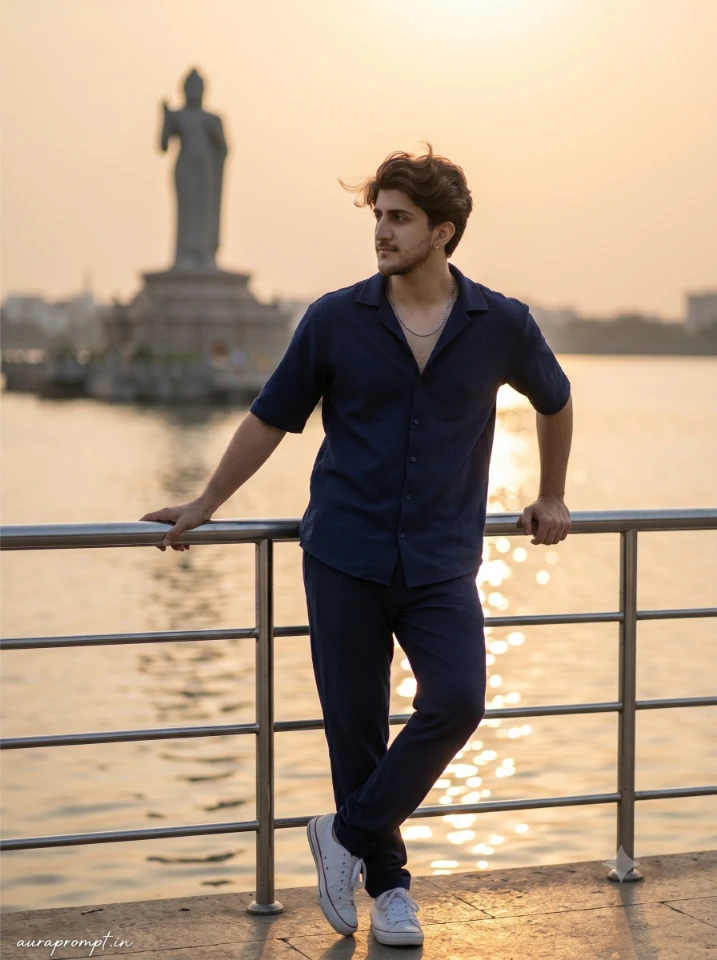 Indian man in navy blue coord set leaning against Hussain Sagar Lake railing with Buddha Statue in background in a Hyderabad AI photo prompt for boys