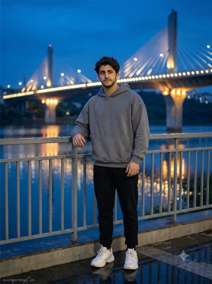 Stylish Indian boy in grey hoodie near Durgam Cheruvu Cable Bridge in a cinematic Hyderabad Gemini AI prompt
