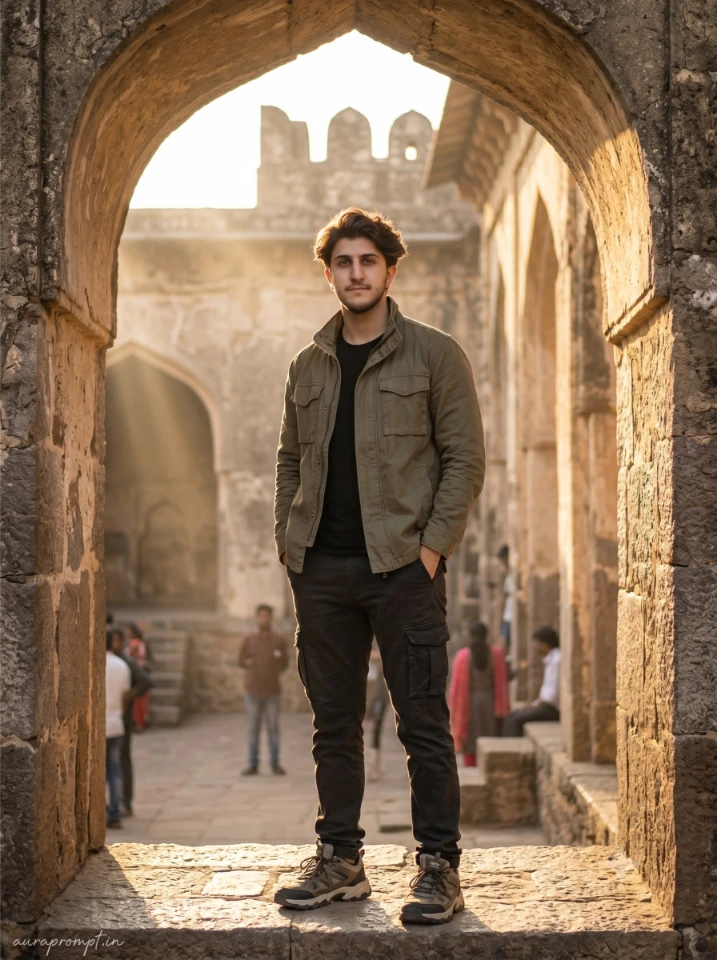 Young Indian man in olive utility jacket at Golconda Fort captured using a cinematic Hyderabad boy photo editing prompt