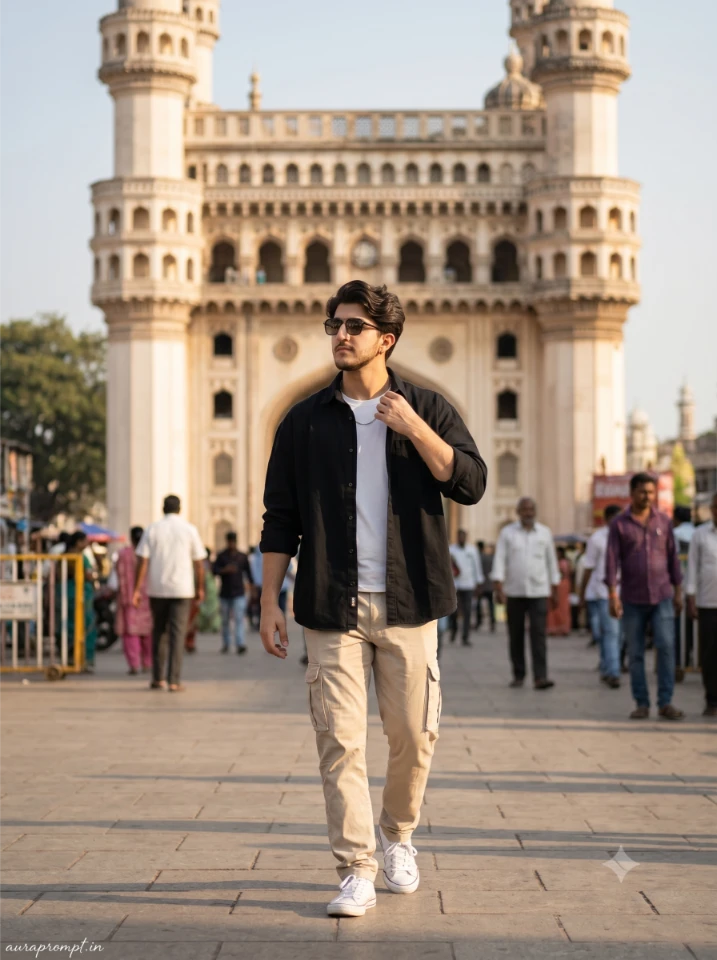 Indian boy in black oversized shirt and beige cargo pants near Charminar in a Hyderabad AI photo prompt for boys