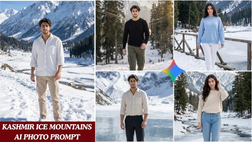 Five cinematic Kashmir Ice Mountains AI Photo Editing Prompt results showing Indian creators in Pinterest outfits across Sonamarg, Gulmarg and Betaab Valley