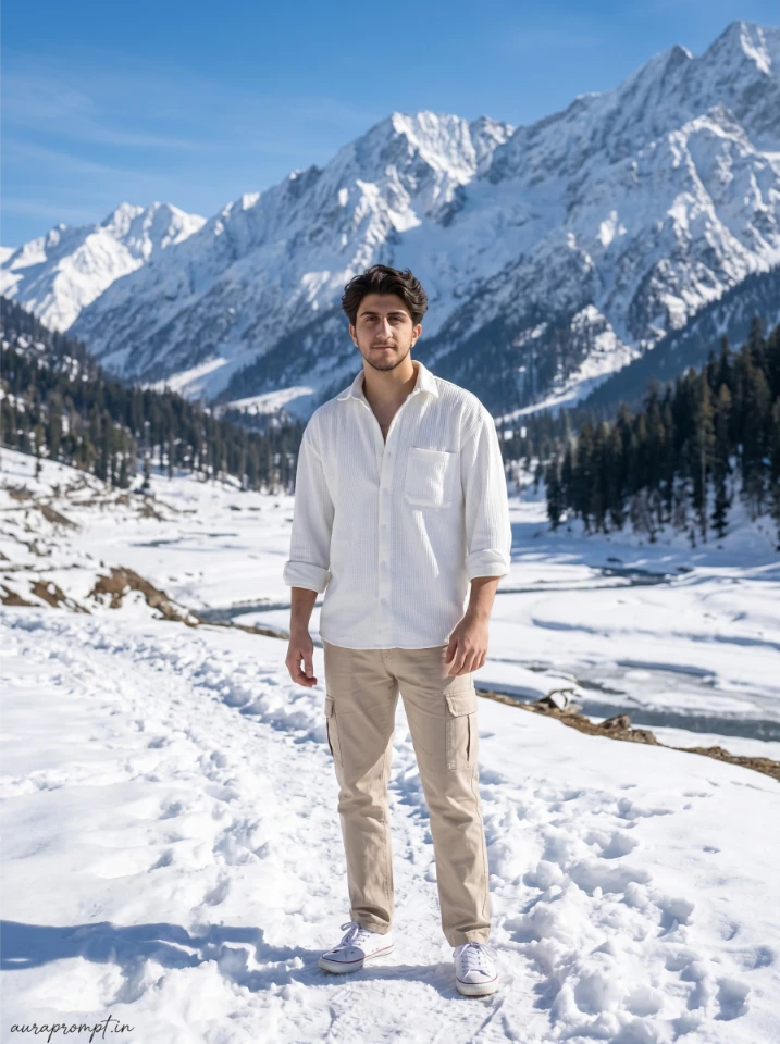 Indian boy in white oversized shirt and beige cargo pants standing on Sonamarg snow trail Kashmir ice mountains AI photo editing prompt result