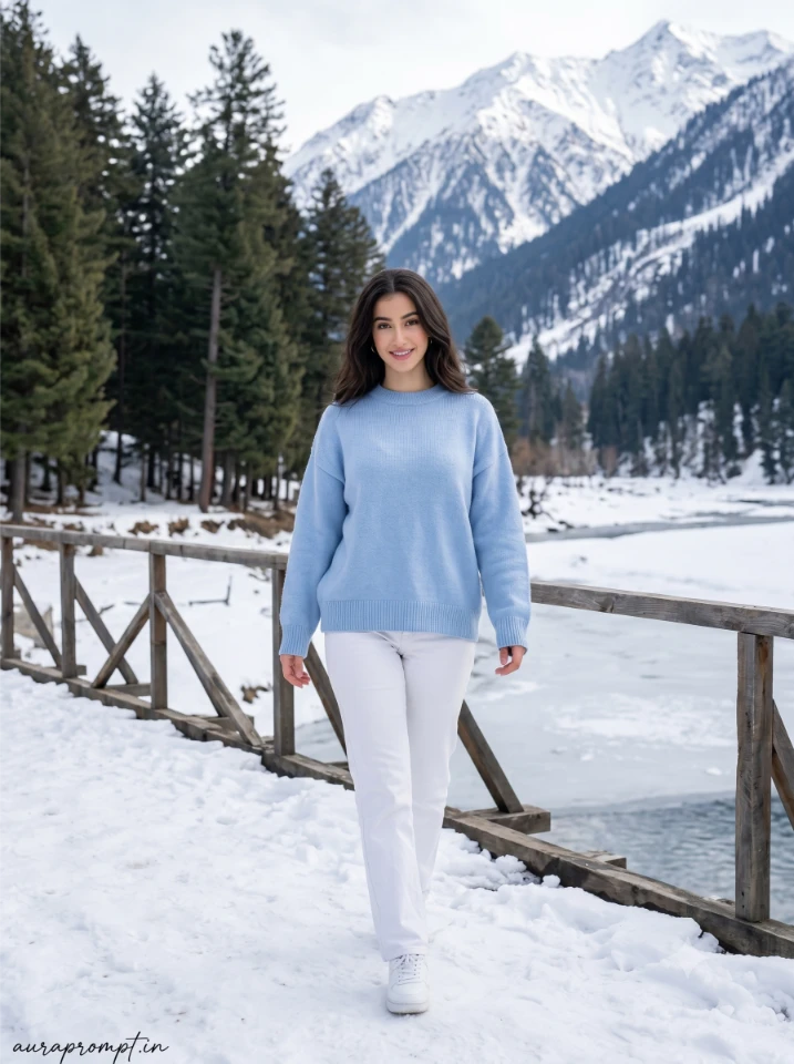 Indian girl in pastel blue oversized sweater walking on wooden bridge in Aru Valley Kashmir Gemini AI travel photo prompt result