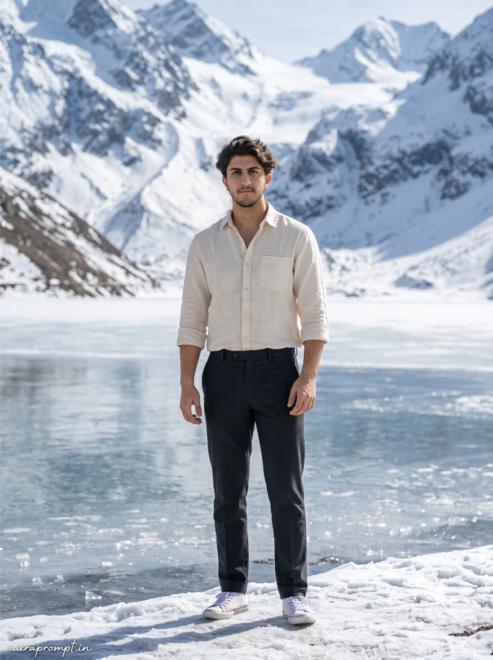 Indian boy in cream linen shirt and charcoal trousers standing beside frozen Alpather Lake Kashmir snow mountain photo editing result