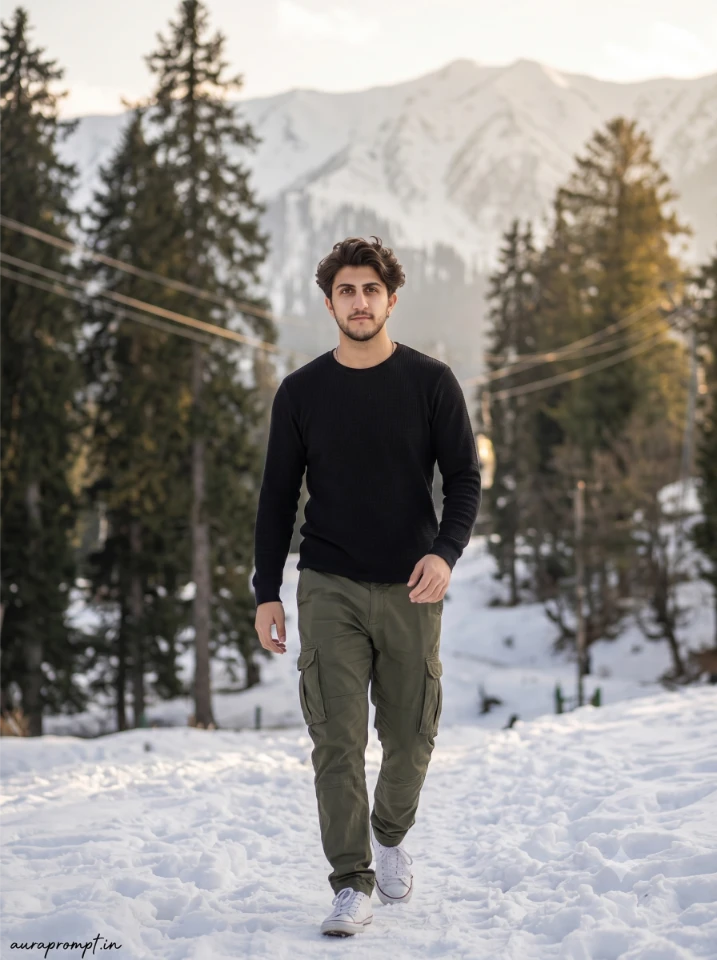 Indian boy in black waffle tee and olive cargo trousers walking through Gulmarg snow valley Kashmir Gemini AI prompt cinematic output