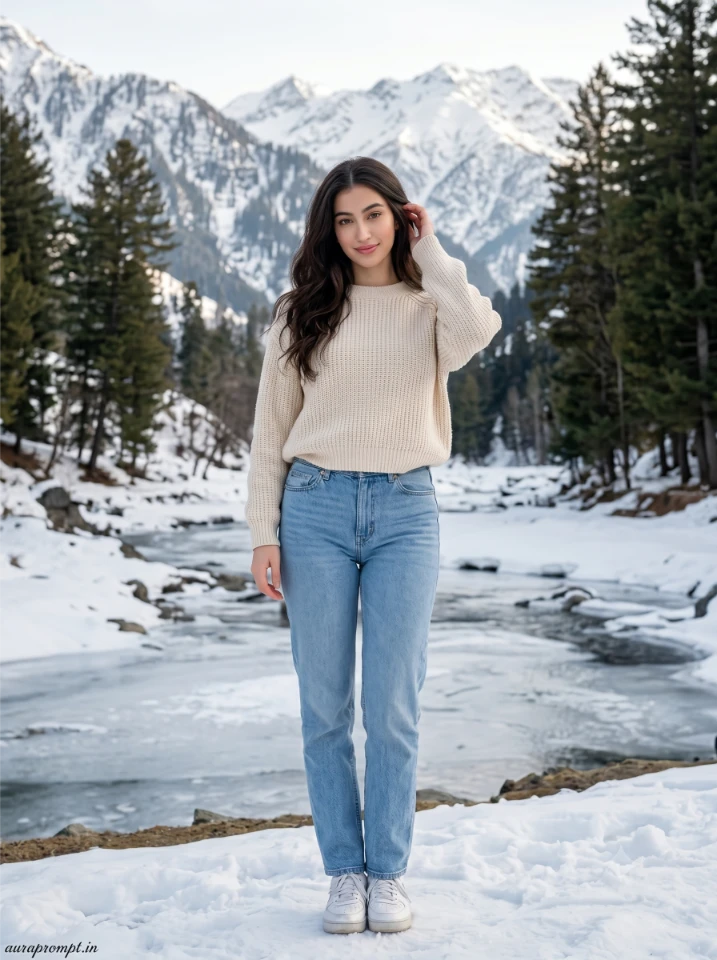 Indian girl in cream knitted sweater and light blue jeans standing in Betaab Valley Kashmir Valley AI photo prompt editorial output