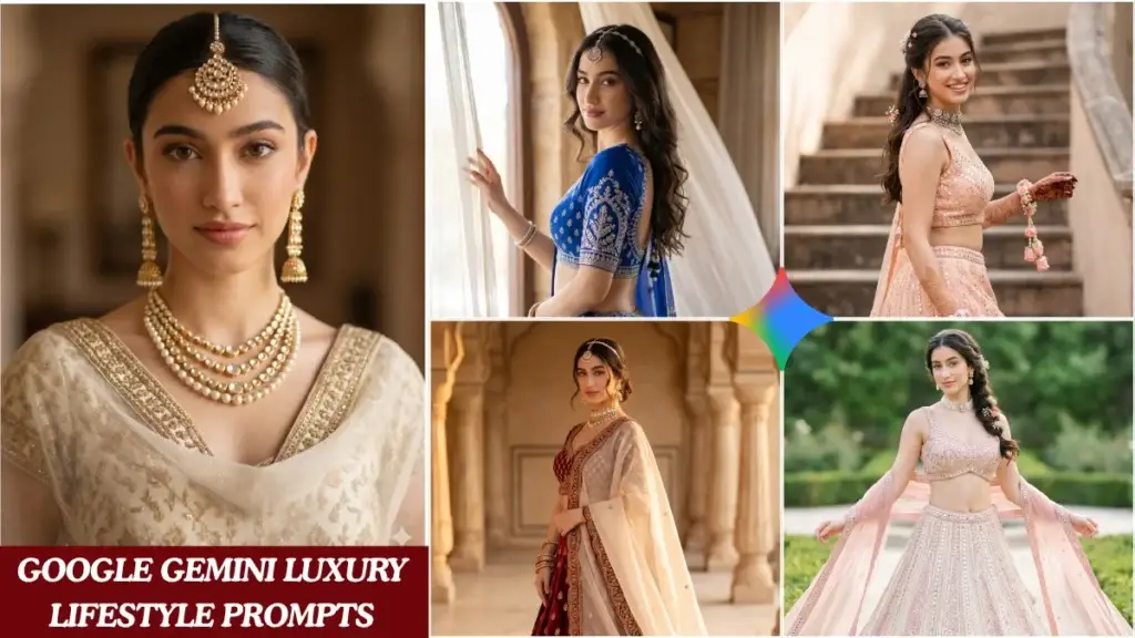 Five luxury lehenga Gemini AI prompt results showing Indian girl in rich embroidered outfits with Pinterest-style poses and cinematic lighting