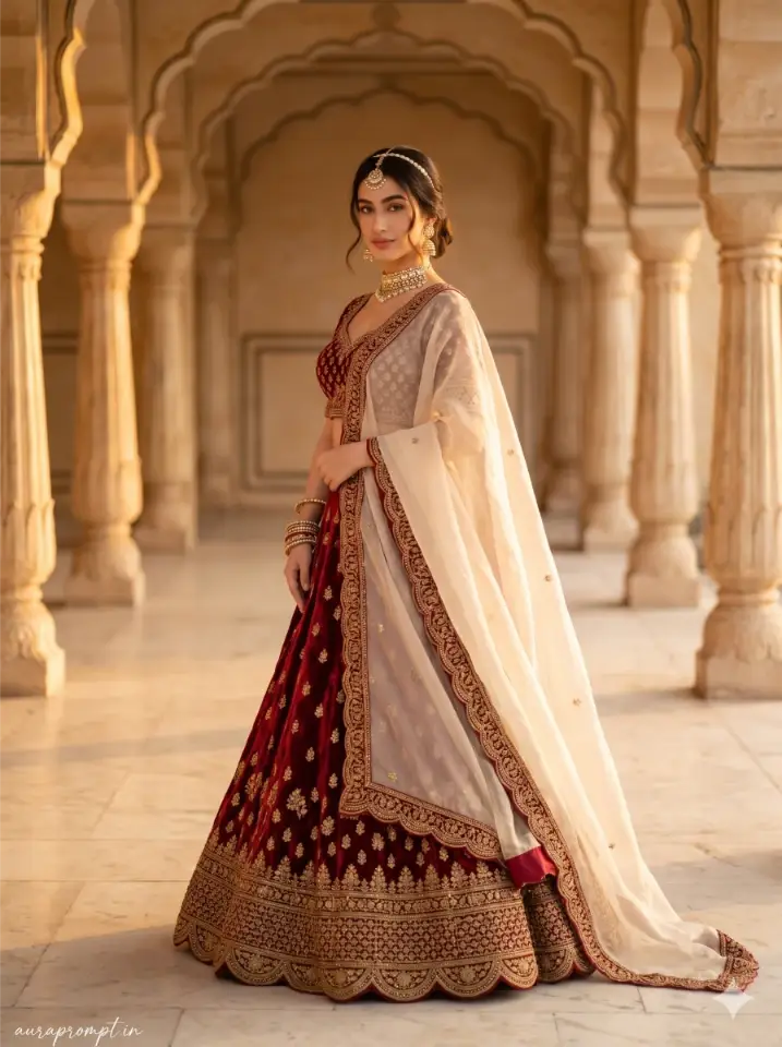 Indian girl in deep red embroidered lehenga standing in marble courtyard captured with luxury lehenga Gemini AI prompts