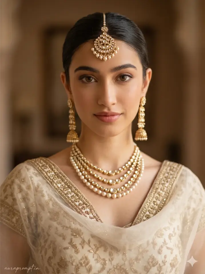 Close-up portrait of girl in ivory and gold lehenga with editorial makeup and Pinterest pose style from luxury lehenga Gemini AI prompts
