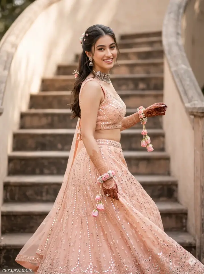 Indian girl in soft peach lehenga with mirror work climbing outdoor stairs smiling with floral wristlets and henna hands using luxury lehenga Gemini AI prompts
