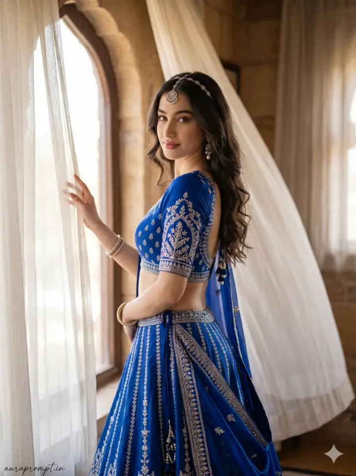 Young Indian woman in royal blue Sabyasachi-style lehenga with Pinterest pose and cinematic window light using Gemini AI photo prompts
