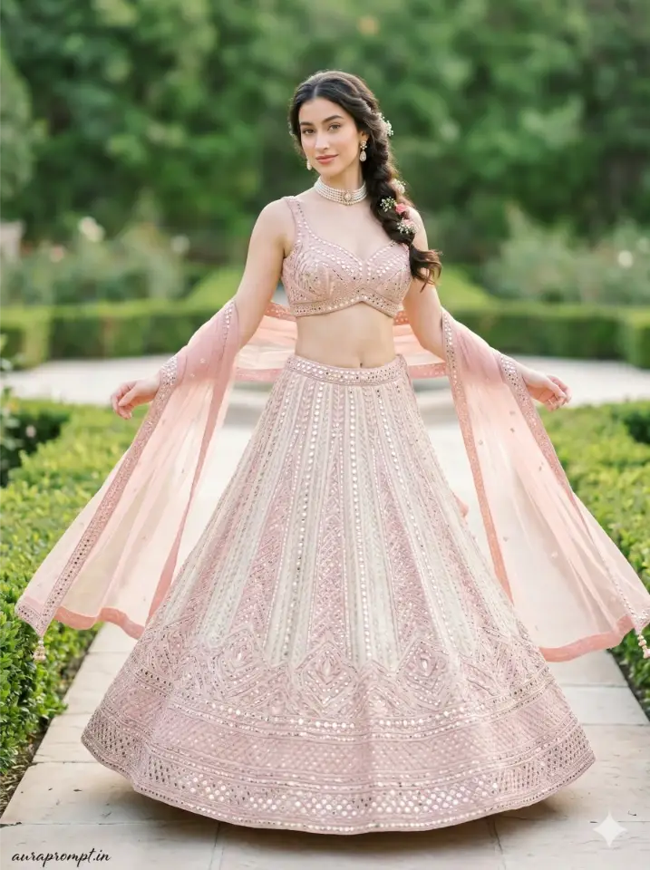 Indian creator in blush pink lehenga choli with dupatta drape and jewelry detail from Gemini AI fashion photography prompts
