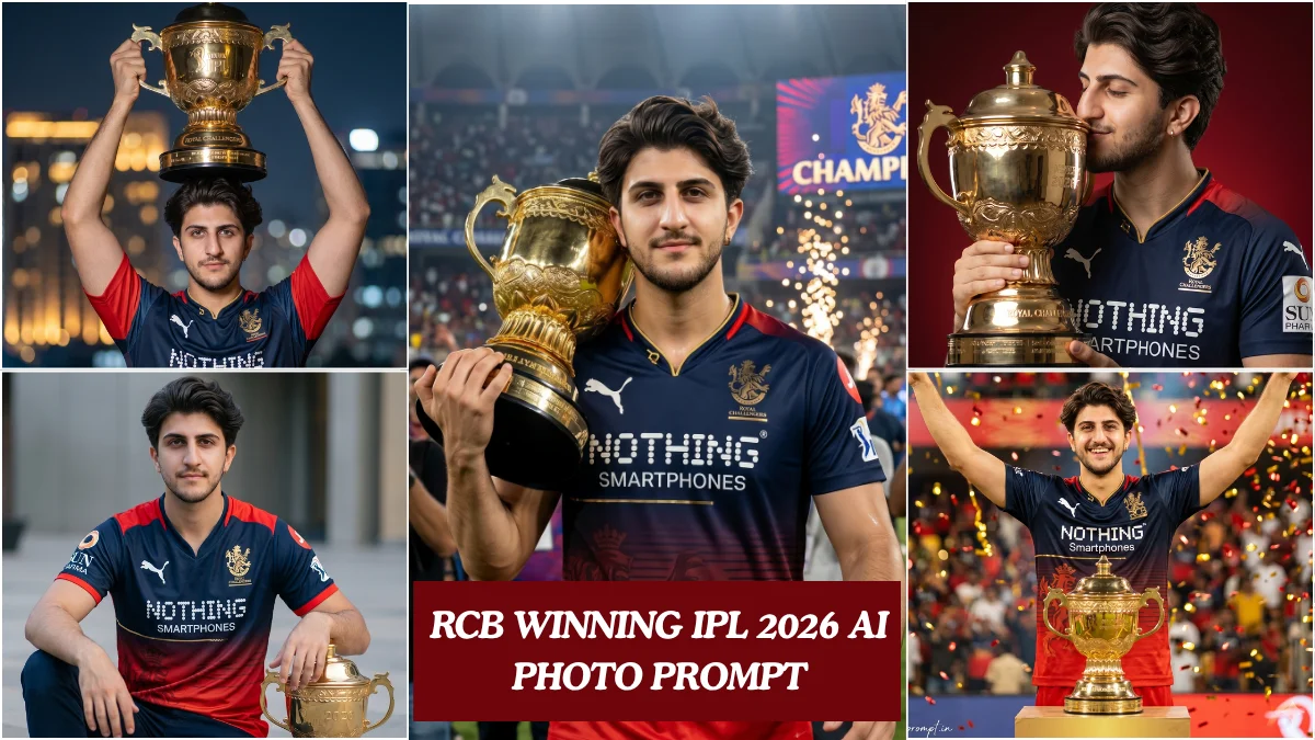 Indian boy holding IPL trophy in RCB navy blue and red jersey, RCB winning IPL 2026 AI photo prompt