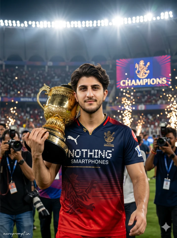 Young Indian man carrying IPL trophy on shoulder walking through packed cricket stadium in RCB navy blue jersey, cricket fan AI photoshoot prompt