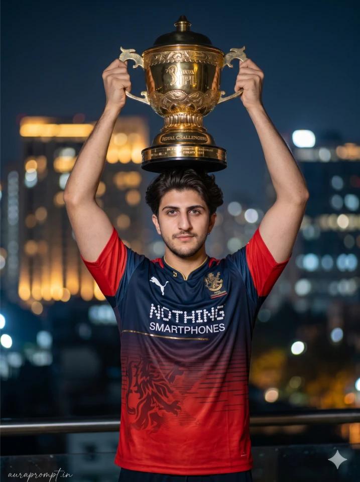 Young Indian man holding IPL trophy above head at Bengaluru city night skyline in RCB jersey, Bangalore cricket victory wallpaper AI prompt