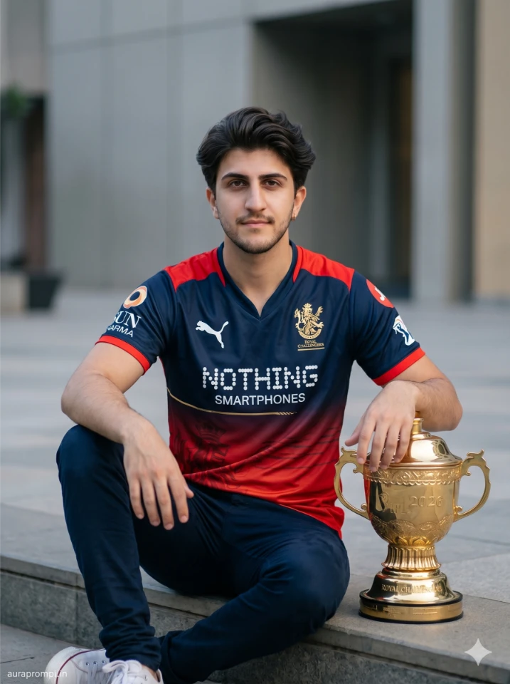 Young Indian man seated on concrete steps beside IPL trophy in RCB navy blue jersey, Pinterest style Bangalore cricket victory AI photo prompt