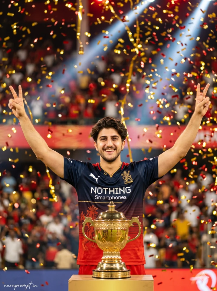 Indian boy with both arms raised celebrating under confetti shower in RCB red jersey holding IPL trophy, RCB winning IPL 2026 AI photo prompt