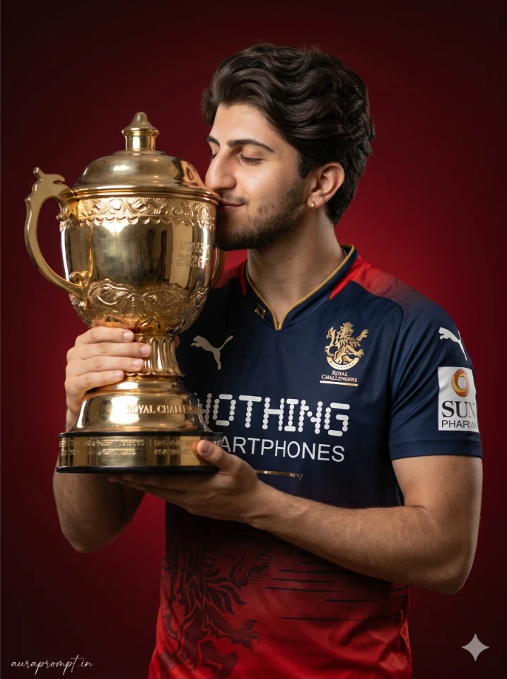 Indian boy kissing IPL trophy emotionally in deep red studio wearing RCB replica jersey, IPL trophy winning photo edit prompt