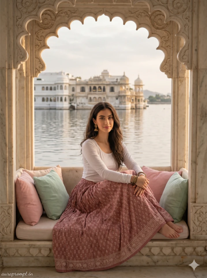 Indian girl in dusty rose flowy skirt seated inside Lake Pichola jharokha — Udaipur Travel AI Prompt result from auraprompt.in