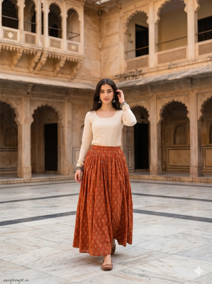 Indian girl in terracotta orange flowy skirt walking through City Palace Udaipur courtyard — Rajasthan Girl Photo Editing Prompt result