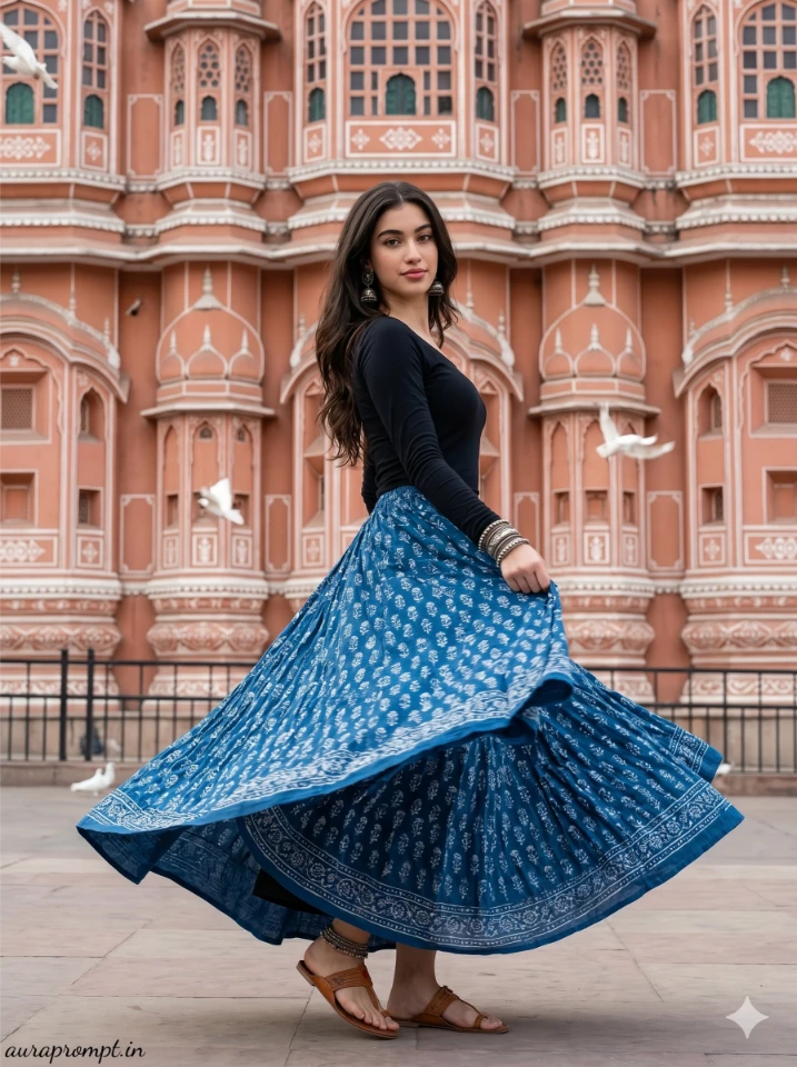 Indian girl in blue cotton flowy skirt mid-twirl in front of Hawa Mahal with pigeons — Rajasthan Gemini AI Photo Prompt by auraprompt.in
