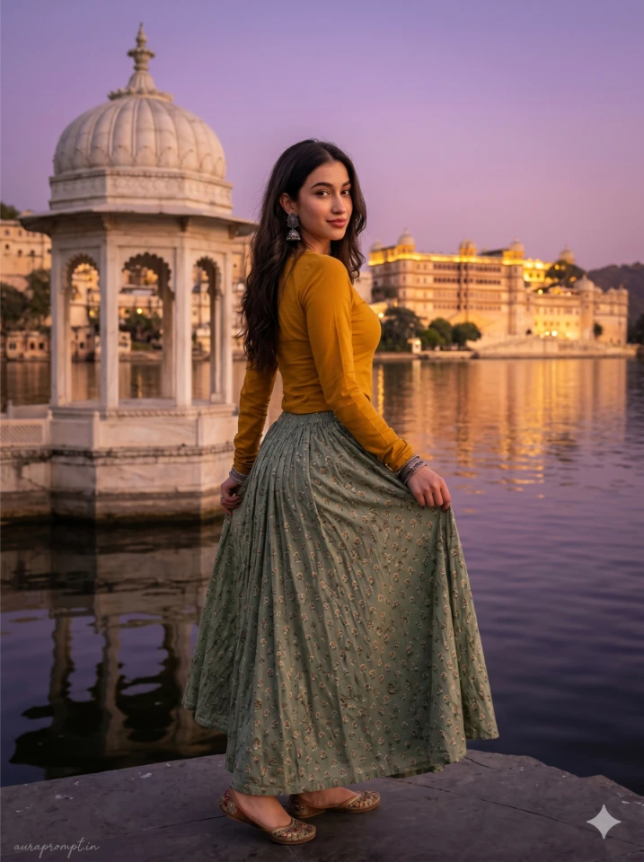 Indian girl in sage green flowy skirt doing over-shoulder pose near Lake Pichola chhatri at sunset — Rajasthan Travel AI Photo Editing Prompt