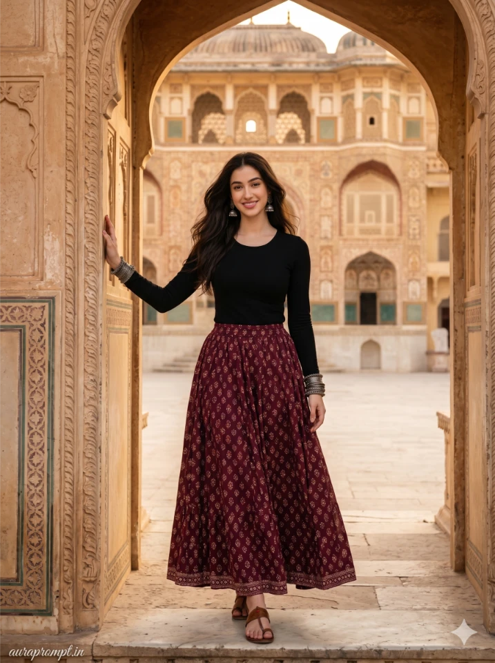 Indian girl in deep burgundy flowy skirt touching carved sandstone wall at Amber Fort Jaipur Rajasthan Travel Photography Prompt from auraprompt.in