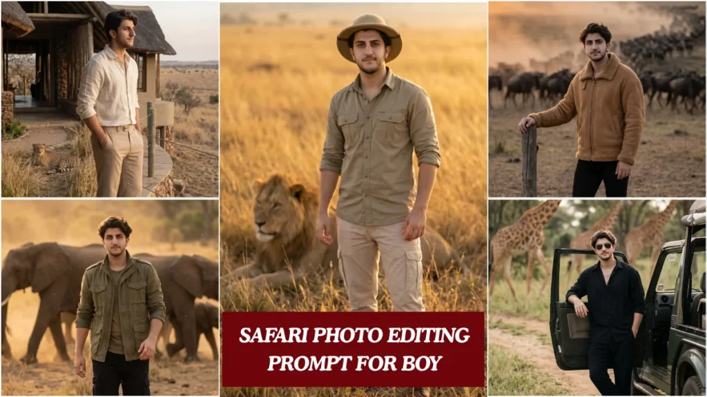 safari outfit standing in African grassland with lion safari photo editing prompt for boys