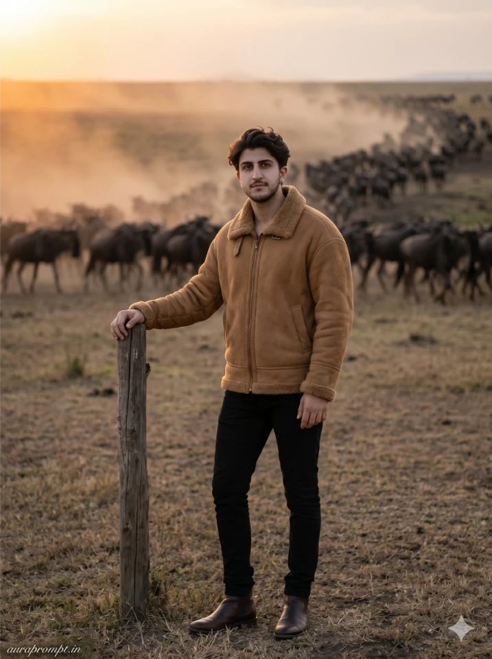 Indian boy in camel shearling jacket standing near wildebeest migration dust cloud at dusk wildlife safari AI photo prompt