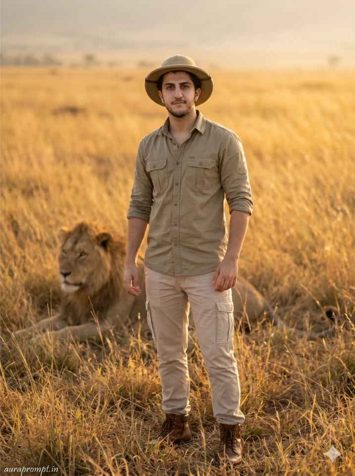 Indian boy in khaki safari shirt and explorer hat standing near resting lion safari photo editing prompt for boy
