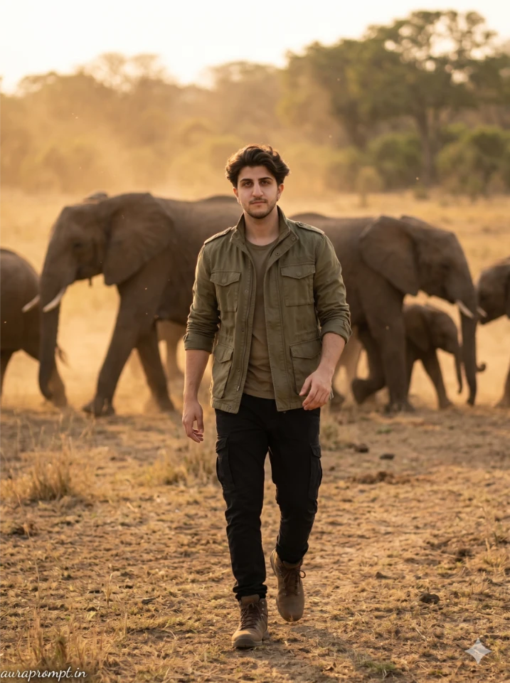 Young Indian man in olive utility jacket walking mid-stride with elephant herd crossing behind Gemini AI safari prompt