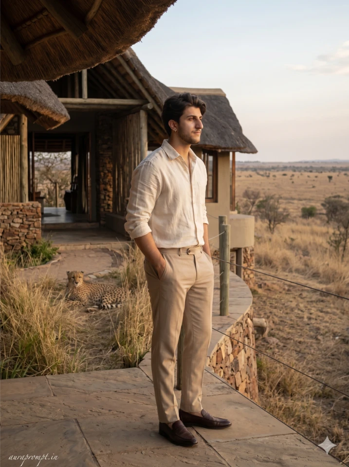 Fashionable Indian boy in cream linen shirt outside luxury safari lodge with cheetah in background adventure safari photography prompt