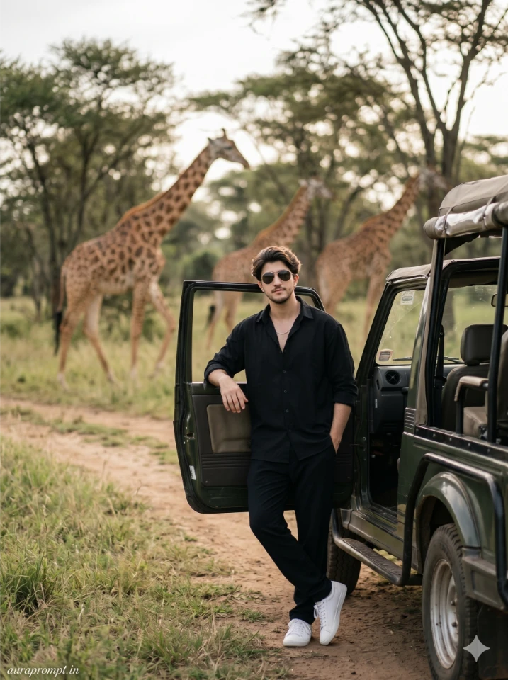 Stylish Indian boy in black coord set leaning on safari jeep with giraffes and acacia trees wildlife safari AI photo prompt