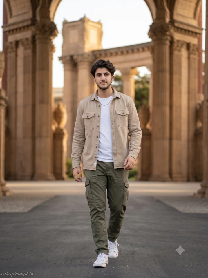 oung Indian man in beige overshirt walking toward camera at Palace of Fine Arts San Francisco AI photo edit