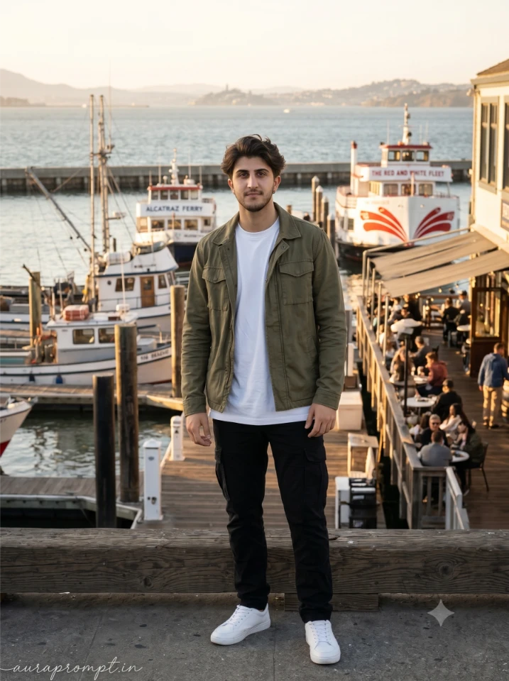 Young Indian man in olive utility jacket standing at Fisherman's Wharf in a San Francisco cinematic AI prompt