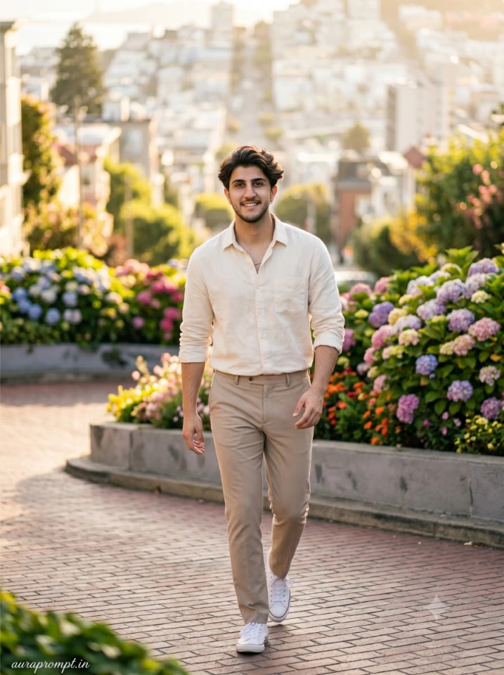Stylish Indian man in cream linen shirt walking along Lombard Street in a California travel AI portrait