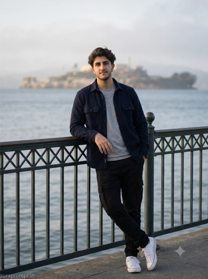 Indian boy in navy overshirt leaning at Alcatraz Island waterfront in a cinematic Gemini AI photo prompt