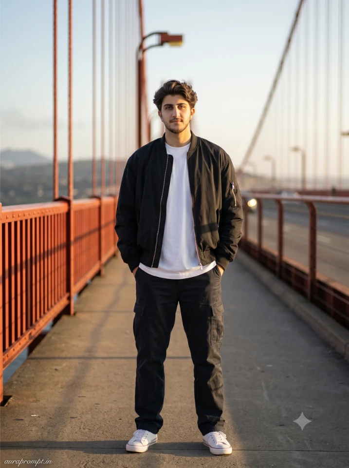 Indian boy in black bomber jacket and cargo pants at Golden Gate Bridge using San Francisco Gemini AI prompt