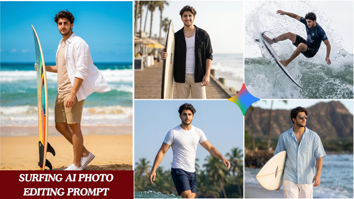 Five surfing AI photo editing prompt results showing Indian boys in Pinterest beach outfits at different ocean locations