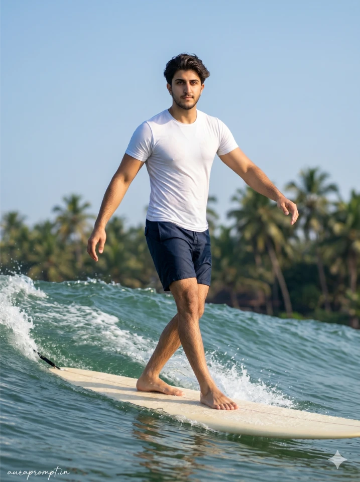Indian boy cross-stepping on cream longboard on clean green wave in this surfing AI photo editing prompt with palm trees in background
