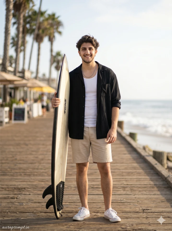 Boy in black beach shirt holding surfboard on Malibu boardwalk using Pinterest beach outfit for boys AI prompt