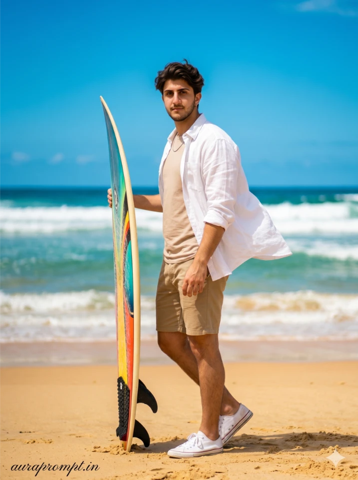 Indian boy in white linen shirt standing beside surfboard on Bondi Beach in this surfing AI photo editing prompt