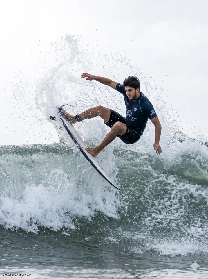 Indian boy performing air reverse above ocean wave with spray freeze in this cinematic surfing photoshoot prompt shot on Sony A1 300mm