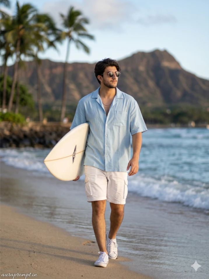 Boy in light blue resort shirt walking on Waikiki Beach with surfboard in this Gemini AI surfing prompt result