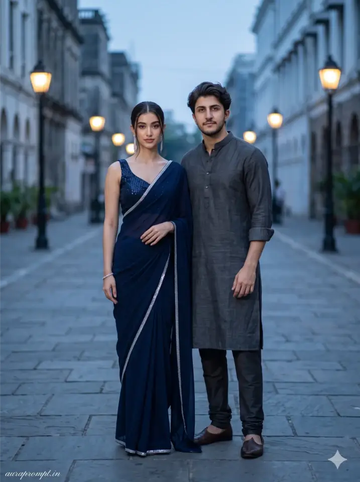 Indian couple in midnight blue sequin saree and charcoal grey kurta standing on a colonial city boulevard for a Gemini AI traditional couple image prompt