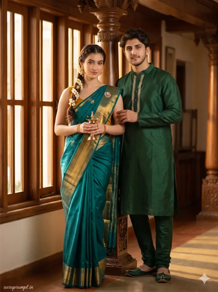 Indian couple in teal Kanjeevaram saree and forest green kurta standing near carved wooden pillar for a Gemini AI traditional couple image prompts