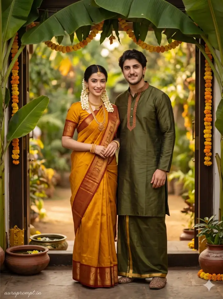 Indian couple in mustard yellow silk saree and olive kurta standing at a traditional village home entrance with banana leaves for a Gemini AI Indian traditional couple image prompt