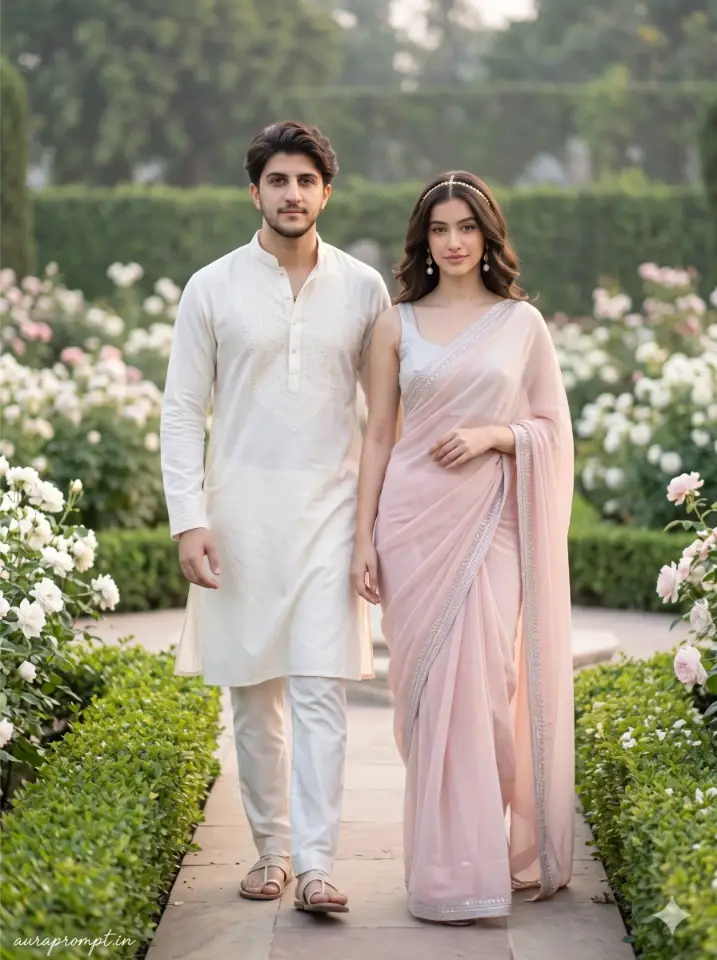 Indian couple in pastel pink georgette saree and off-white chikankari kurta walking through a flower garden for a Gemini AI traditional couple image prompts