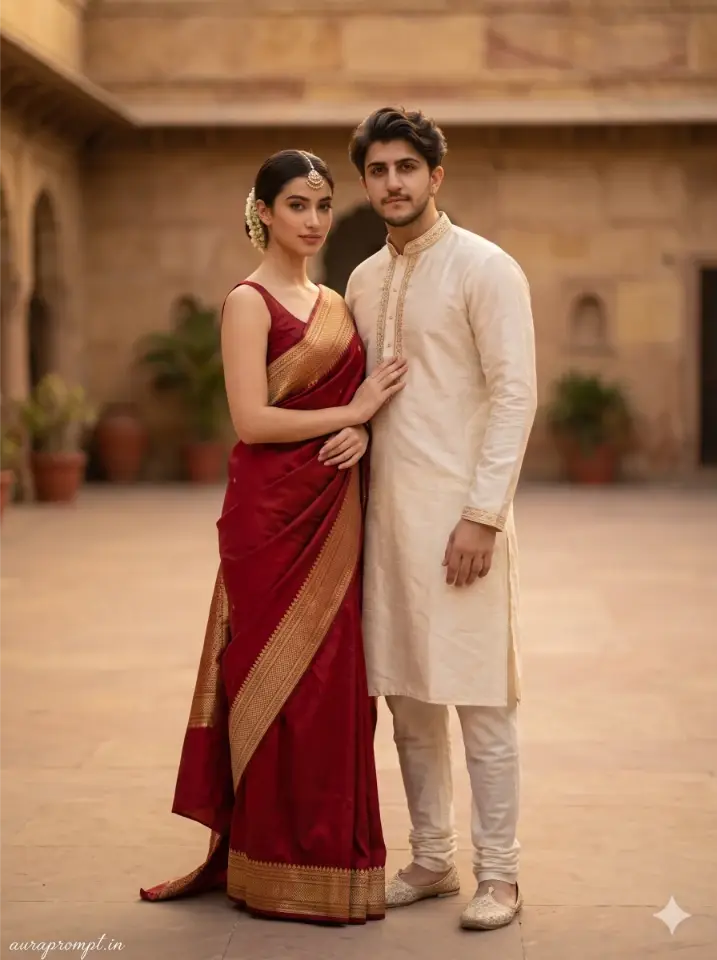 Indian couple in deep red Banarasi saree and ivory kurta standing in a heritage courtyard for a traditional couple image prompts on Gemini AI