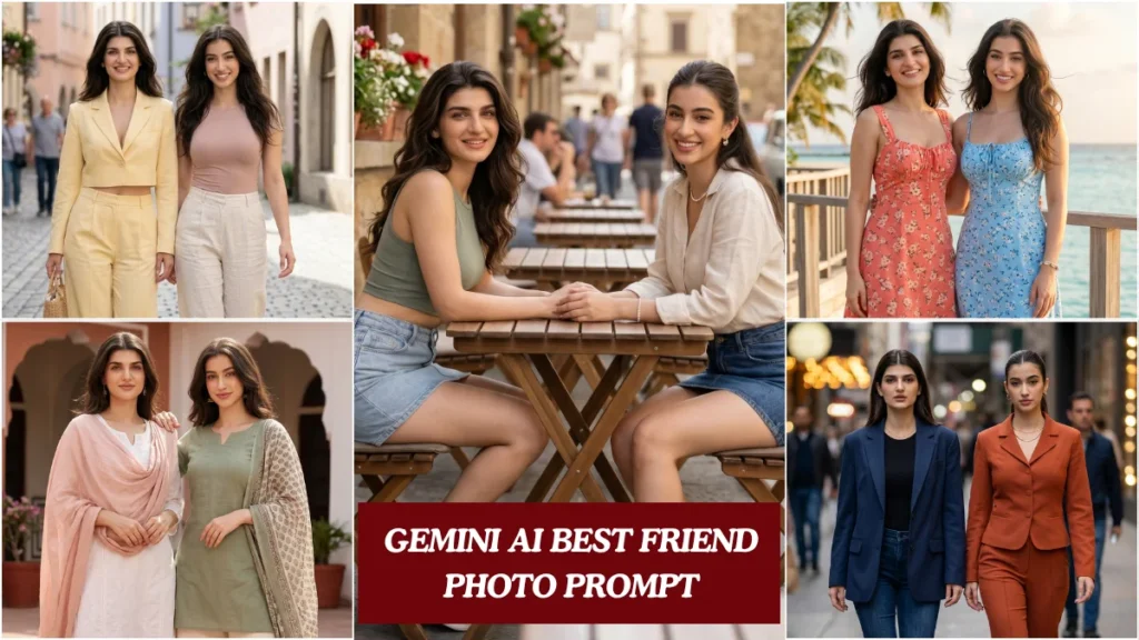 Two Indian girls in Pinterest-style outfits posing together for a best friend photo prompt on Gemini AI Prompts